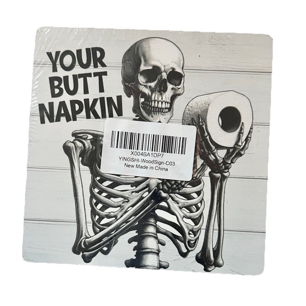 Bathroom Plaque Wood Sign & Stand Halloween Fun Skeleton Tissue Humor Home Decor